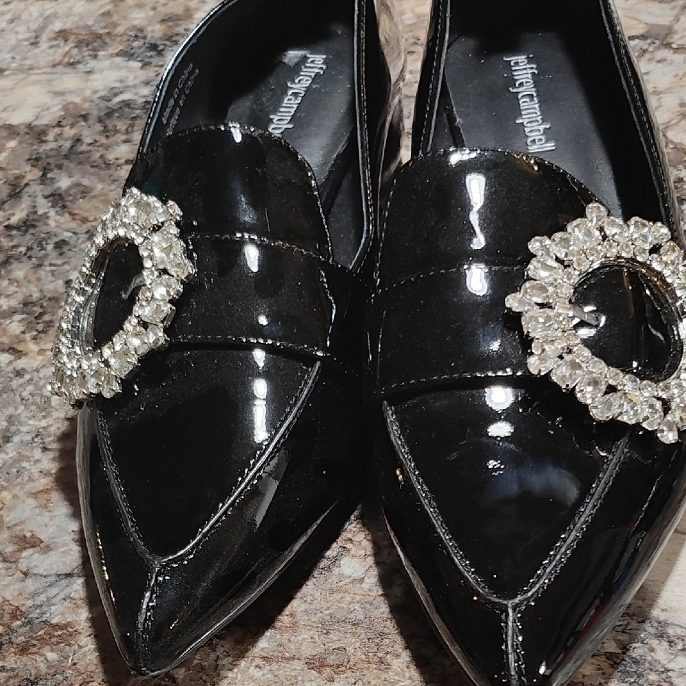 Black Patent Leather Loafers with Crystal Embellishment